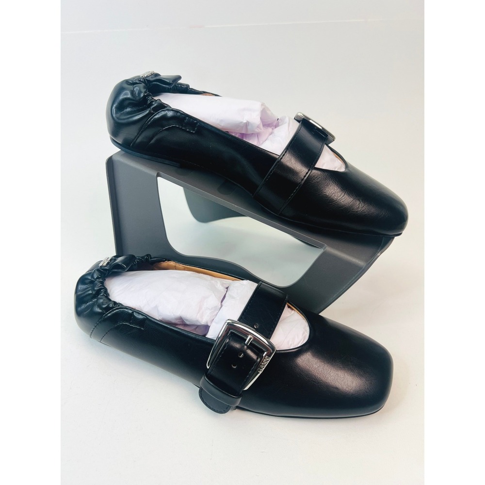 Ganni Black Leather Wide Buckle Ballerina Flats Square Toe S3117 EU 40 / US 9.5 - Picture 5 of 9